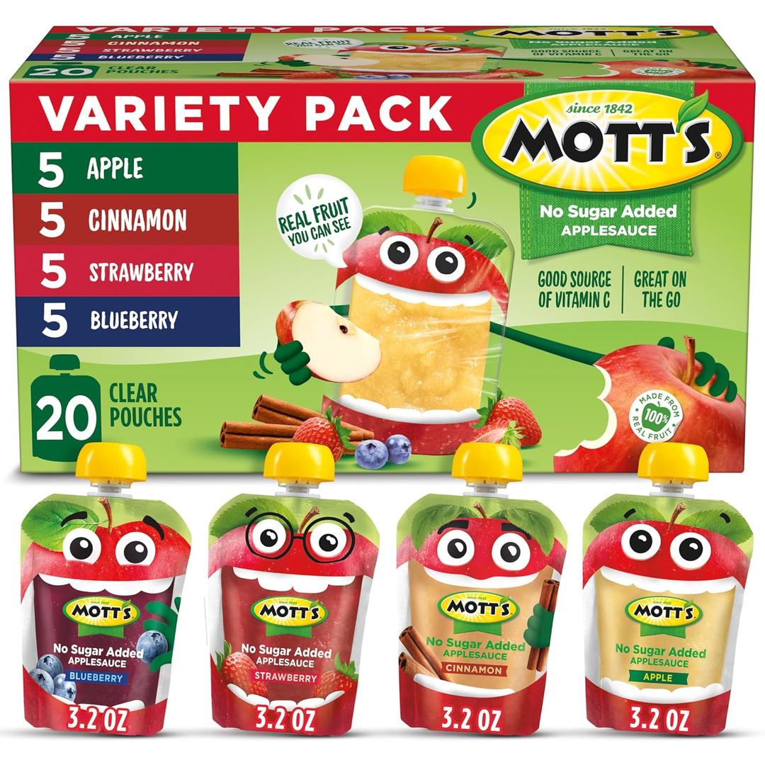 Mott's No Sugar Added Applesauce Variety Pack, 4 Flavors Apple, Strawberry, Cinnamon & Blueberry, Made from Real Fruit, No Artificial Flavors, 3.2 Clear Pouches, 20 Pack, BB Date:05/08/2025
