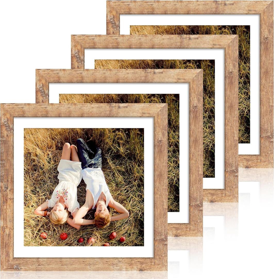 iRahmen 12x12 Picture Frame Set of 4 with Tempered Glass, Rustic Brown Frame Display 10x10 Pictures with Mat or 12 x 12 Without Mat, Wood Square Photo Frames for Desktop Display and Wall Mounting