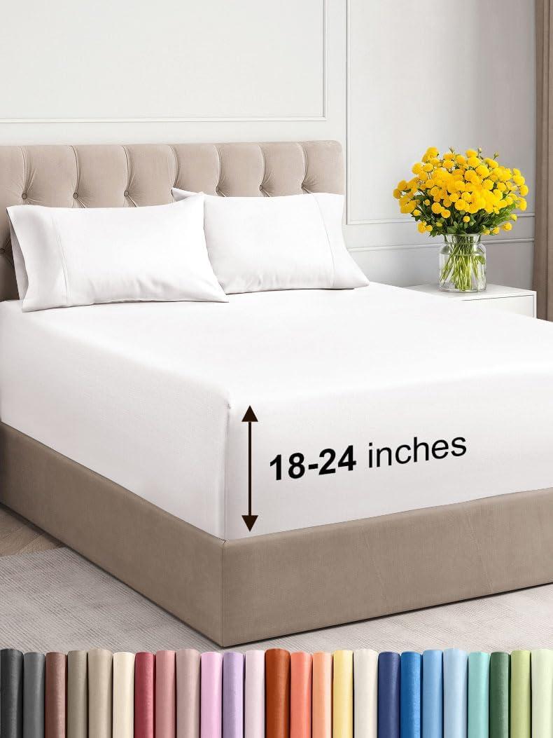 Extra Deep Pocket Cal King Sheets - 4 Piece Breathable Cooling Bed Sheets - Hotel Luxury Sheet Set - Soft, Wrinkle Free & Comfy - Easily Fits Extra Deep Mattresses - Deep Pocket Antique White Sheets