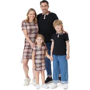 PATPAT Matching Family Outfits Mom and Me Matching Outfits Short Sleeve Round Neck Midi Shirt Dress (Black, M)