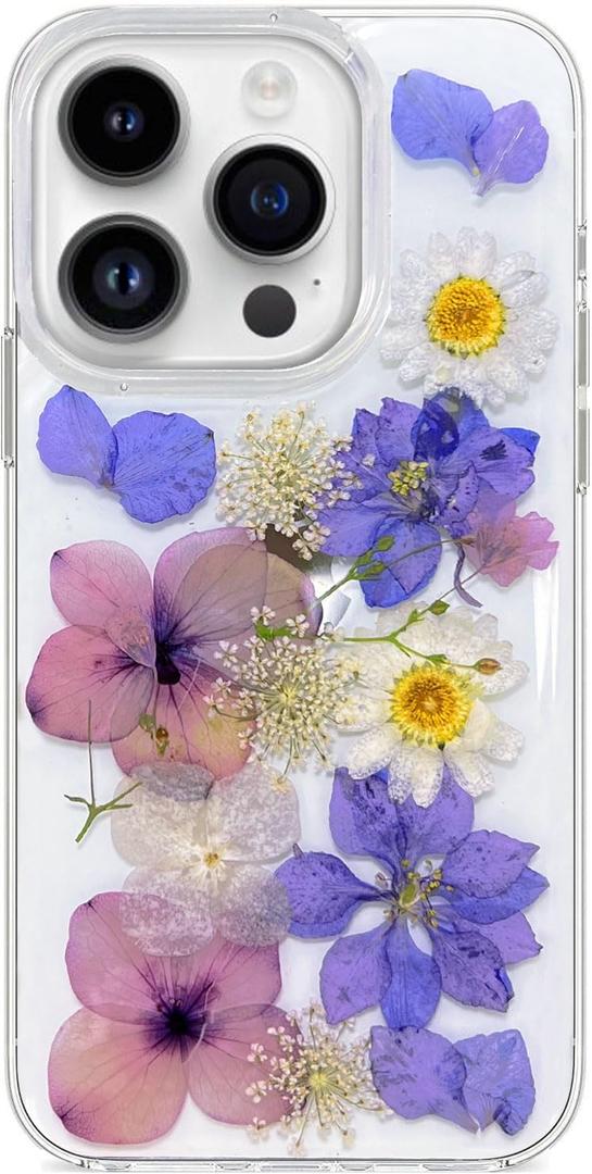 Abbery for iPhone 15 Pro Case Clear with Purple Pressed Flower Design Cute Soft TPU Real Dried Floral Daisy Aesthetic Protective Shockproof Women Girl's Phone Cover for iPhone 15pro(Purple Flower)