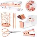 Famassi Rose Gold Desk AccessoriesOffice Supplies Set Acrylic Stapler Set Staple Remover, Tape Holder, 2 Ballpoint Pen, Scissor, Binder/Paper Clips and 1000pcs Staples.