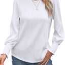 CiCiBird Women Casual Textured Tops Dressy Long Sleeve Solid Shirt Trendy Crewneck Work Blouses (White, M)