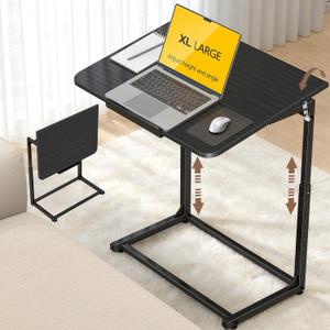 Extra Large Heavy Duty TV Tray Table, 23.6" Folding C-Shaped Laptop Desk for Couch & Bed, Height & Tilt Adjustable Overbed End Table with Phone/Tablet Slot, Easy Clean Black Finish for Small Spaces, Large 1 Pack