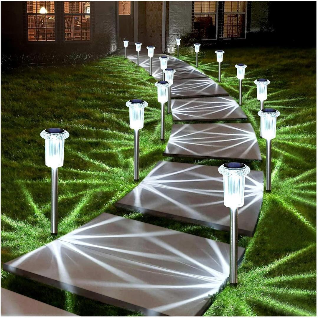 DenicMic Solar Lights Outdoor 10 Pack Waterproof 6000K Cold White LED Stainless Steel Stake Outside Lights for Yard Pathway Garden Driveway Walkway Landscape Path Lighting