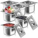 1/6 Size Commercial Hotel Pans 6" Deep (6 Pack), Stainless Steel Steam Table Pans with Lids, Deep Food Storage Containers for Prep Stations, Condiments, Salad Bar Topping, Anti-Jam Lug