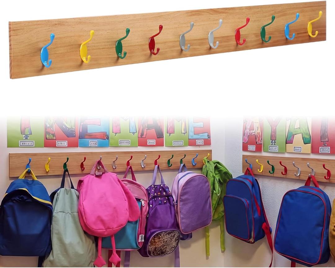 Fuutreo 39'' Large Classroom Coat Hook Wall Mounted Hanger Rail Wall Backpack Hook with 10 Rainbow Metal Hooks Wood Panel Backpack Coat Rack for Back to School Organizer Clothes Jackets Hats Keys