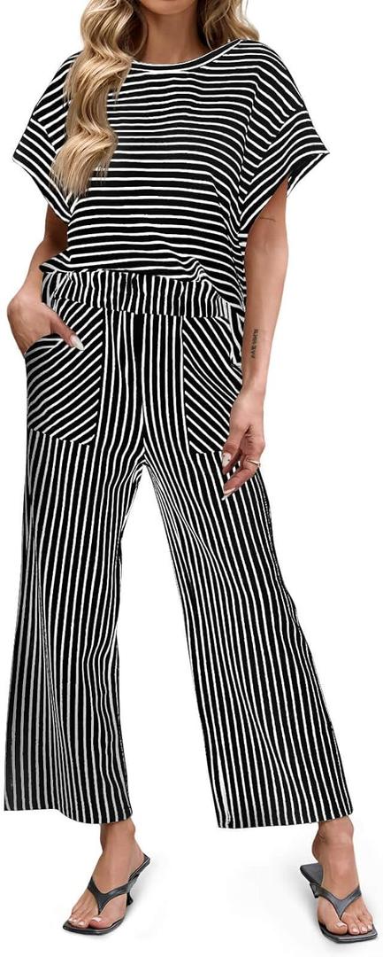 Tankaneo Womens Striped 2 Piece Sets Short Sleeve T Shirts Wide Leg Pants Matching Lounge Set with Pockets (Medium, Black)