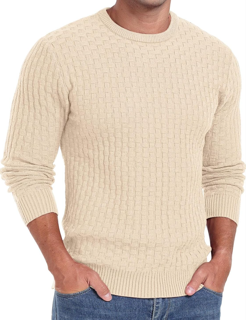 Askdeer Men's Crewneck Pullover Sweater Waffle Long Sleeve Casual Sweater Soft Knit Waffle Texture Sweater Ribbing Edge, XXL