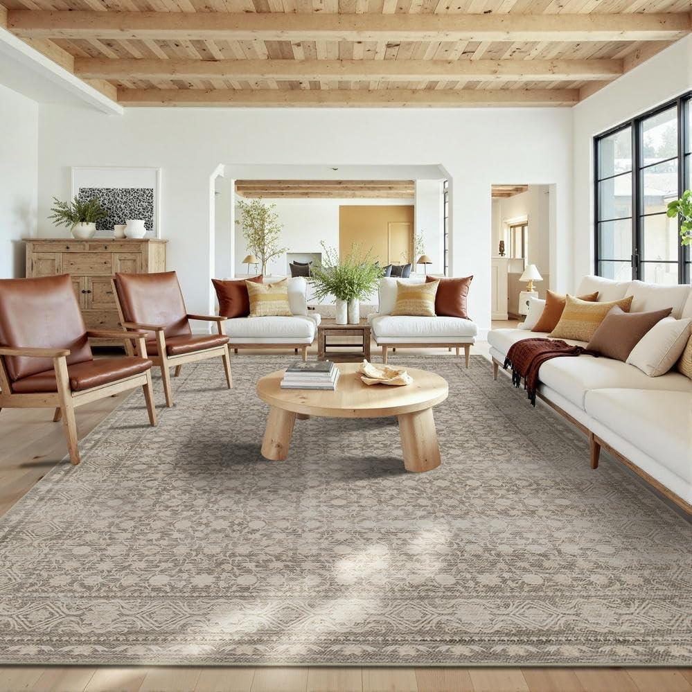 10x14 Washable Area Rug for Living Room, Extra Large Neutral Vintage Boho Rugs for Dining Room, Kids Room, Farmhouse, Durable Low Pile Non Slip Carpet for High Traffic Areas, Apricot