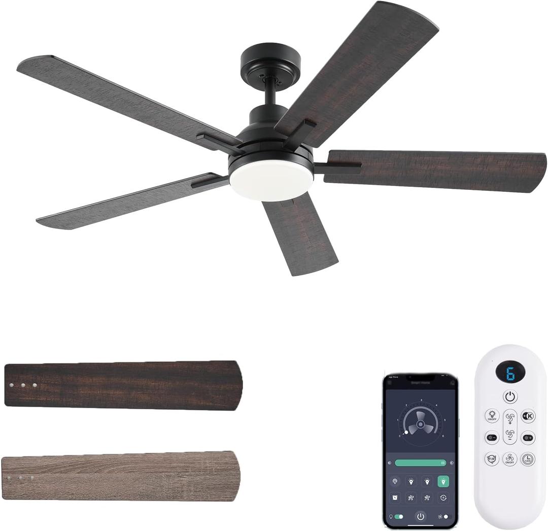 52 Inch Smart Ceiling Fan with Lights, Remote & App Control, DC Reversible Motor, 8 Speeds Quiet 35dB, 3CCT Dimmable LED, Low Profile Modern Ceiling Fans for Bedroom Living Room, Brown