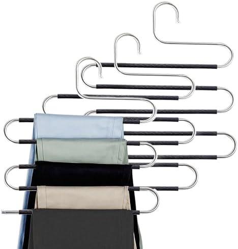 Trouser Rack 4 Pack 5-Tier Closet Organizer and Storage Hanger Wardrobe Steel Hanger Pants Storage Box Jeans, tie Loose Clothes (Black)