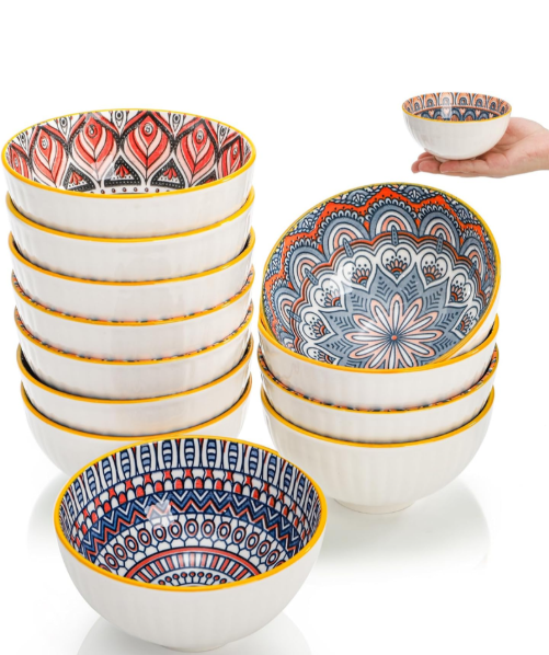 8 Pack Small Ceramic Bowls Set, 10Oz Colorful Dessert Bowl, 4.5Inch Ice Cream Bowls, Porcelain Boho Decorative Bowl for Snack Soup Condiments, Side Dishes, Kitchen, Microwave Safe (4 Styles)