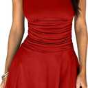 GOKATOSAU Women's Square Neck Sleeveless Bodycon Ruched Waist Flowy A-Line Ruffle Hem Mini Dress Red (Red, XL)