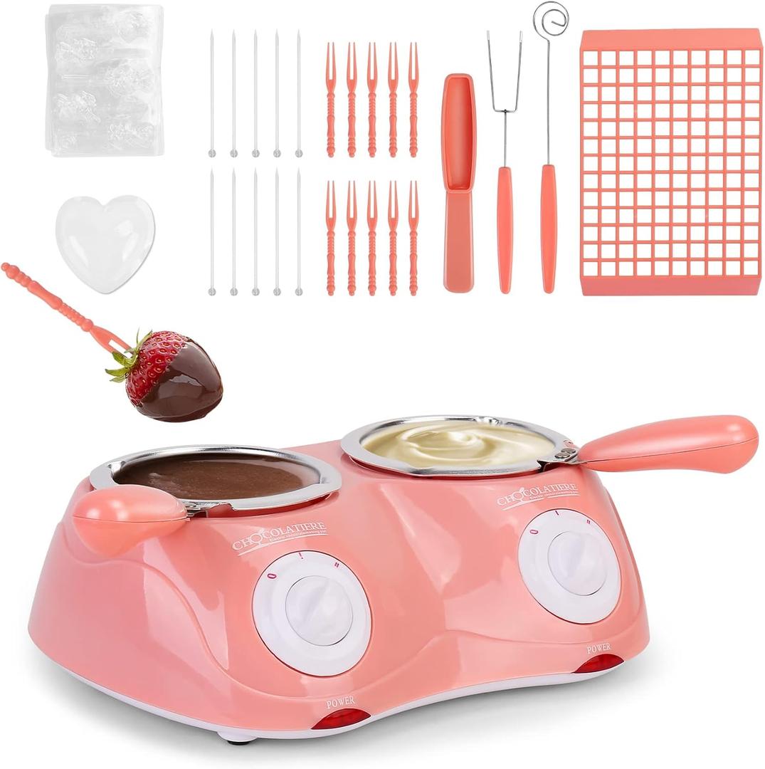 Outamateur Chocolate Melting Pot Electric Chocolate Fondue Mini Fondue Candy Maker with Double Melting Pot for Milk Chocolate,Cheese,Butter,Candy (Pink)