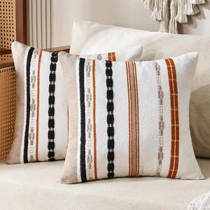 Boho Pillow Covers 18x18 Square Farmhouse Decorative Cushion Case Striped Square Cushion Cover Cozy Soft Neutral Throw Pillows Protector Modern Decorative for Couch Sofa Bed, Set of 2 (Orange)