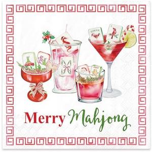 JarThenaAMCS 50Pcs Christmas Mahjong Party Cocktail Napkins Disposable Paper Napkin Merry Mahjong Martini Beverage Napkin for Xmas Birthday Bachelorette Bridal Shower Party Decor