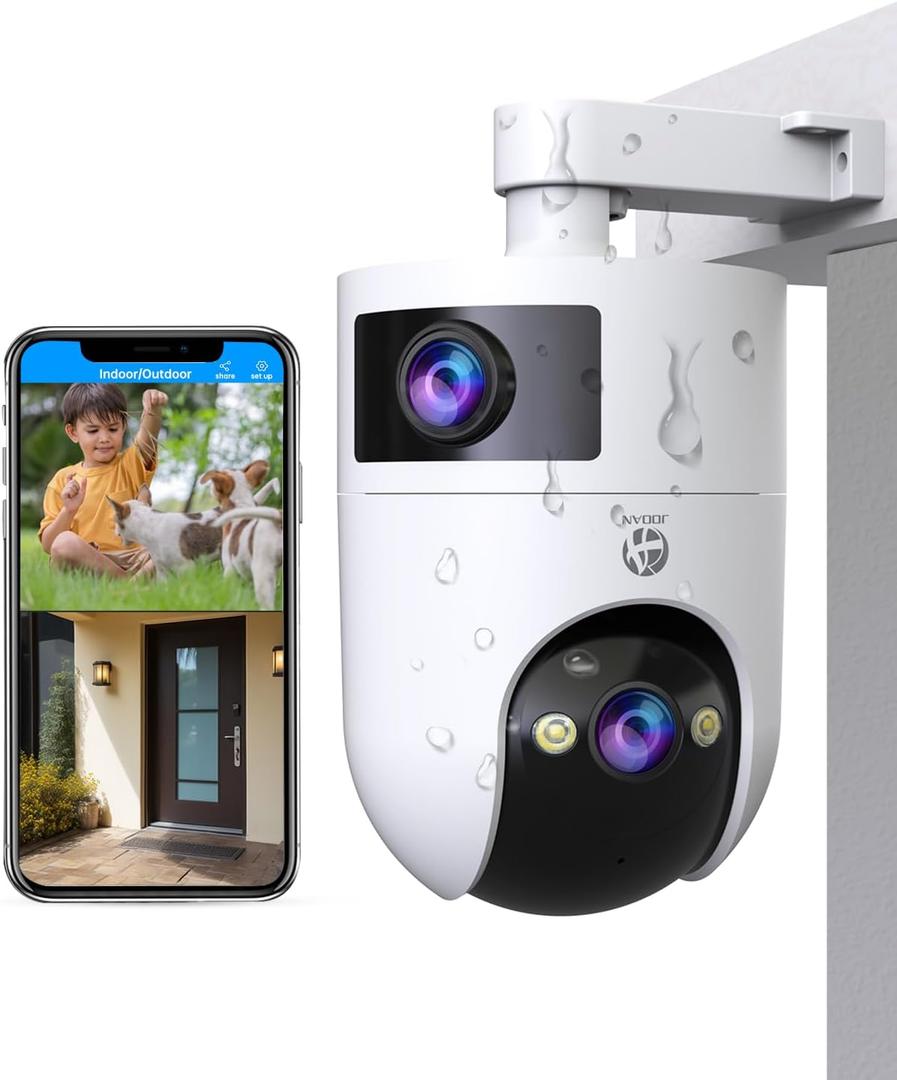 JOOAN Security Camera Outdoor 2K Ultra HD Dual Lens 2.4G/5G WiFi Bluetooth 2 Cams in 1 Auto Tracking 360View,2 Ways Audio IP66 Waterproof 3 Night Vsion Modes Cloud/SD Card Storage,Corded Power