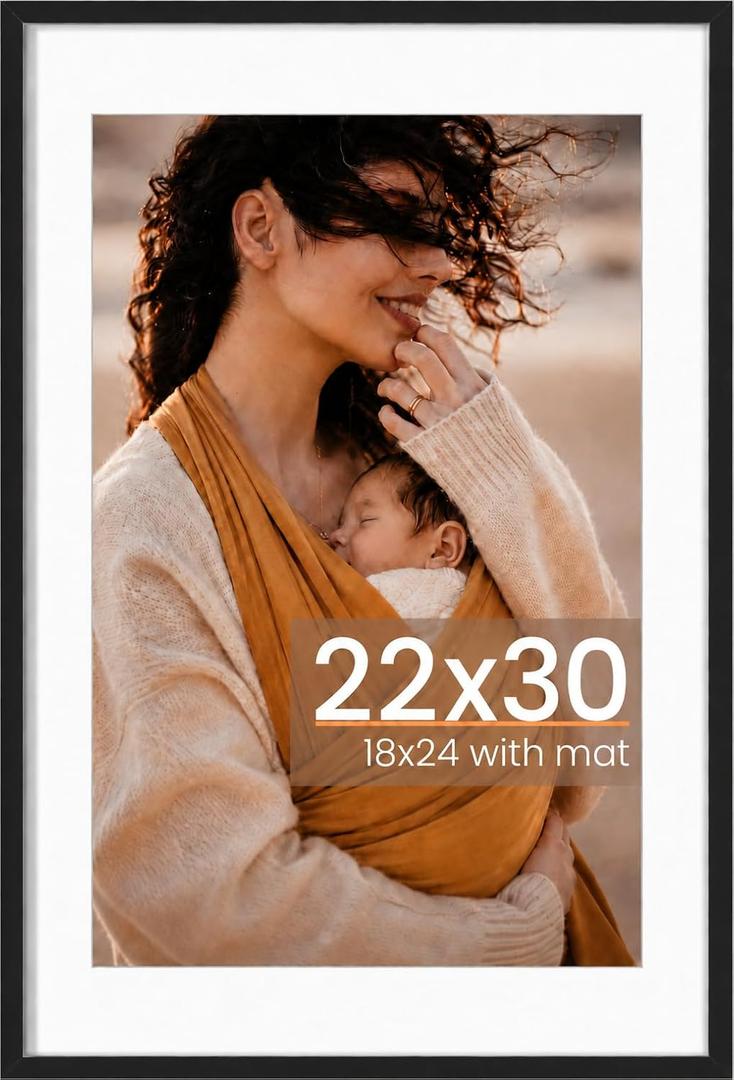 22x30 Picture Frame, Photo Frame with HD Plexiglass, Display Pictures 18x24 with Mat or 22x30 Without Mat for Wall Display, Wall Hanging Photo Frame,1 Pack, Black