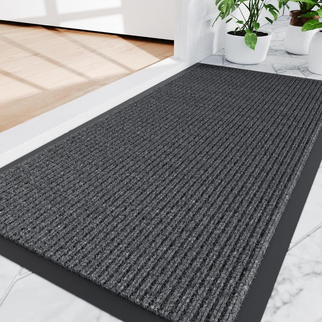 Amyracel Front Door Mat Indoor Outdoor Entrance, 48" x 72" All-Season Waterproof Doormat for Enterway, Heavy Duty Commercial Floor Mat, Fade Resistant, Rubber Back, Low Profile, Easy Clean (Grey Double Stripe)