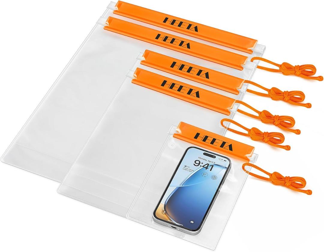 HEETA 5-Pack Clear Waterproof Dry Bag Pouch, Water Tight Cases Dry Bags Document Holder for Camera Mobile Phone Maps, Kayaking Boating (Orange)