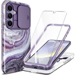 GVIEWIN Designed for Samsung Galaxy S24 Plus Case with Slide Camera Cover+Screen Protector,[10FT Drop Protection]Marble Full Body Shockproof Protective Phone Cover for S24+ Plus 6.7", Milky Way/Purple