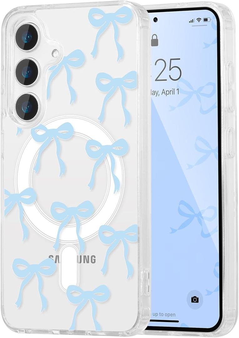 UEEBAI Magnetic for Samsung Galaxy A16 4G/5G Case, Bow Case Compatible with MagSafe, Wireless Slim Clear Ribbon Aesthetic Phone Cover Anti-Yellowing Shockproof Protective Cover for Women Girl - Blue