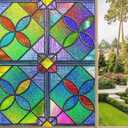 FCZ Decorative Window Film Retro Stained Glass Green Purple Frosted Vinyl Glass Film for Home Bathroom Door Window Static Clings Window Film 35.4'' x 78.7''