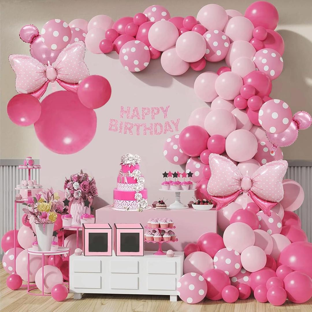 120 PCS Pink Mouse Balloon Arch, Oh Twodles Birthday Party Supplies for Girls, Cute Bow Balloon Arch for Birthday Party, Red and Pink Balloons for Baby Shower Decorations