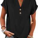 ANRABESS Womens Short Sleeve Henley Tops V Neck Dressy Casual Blouses Summer Trendy Tee Shirts 2026 Vacation Fashion Clothes (Black, L)