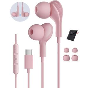 USB C Headphones for iPhone17 16 Pro Max 15 Plus iPad Pro Samsung Galaxy S24 S23 Ultra S25 S22 S21 Wired Earbuds Magnetic in-Ear Type C Earphone with Microphone Volume Control HiFi Stereo Pink
