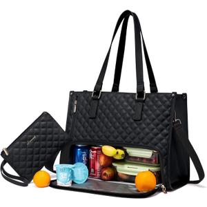 LOVEVOOK Lunch Tote Bag for Women, 15.6 Inch Laptop Bag with Insulated Lunch Compartment, Quilted Large Capacity Computer Handbag with Purse for Business, Work, Nurse, Office, Collage, Casual, Black