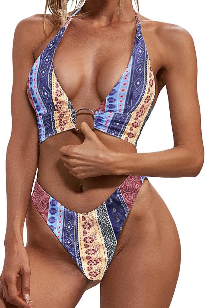 ZAFUL O Ring Halter Bikini Sets for Women High Cut Swimsuits Trendy 2 Piece Bathing Suits (Small, 0-o-deep Blue)