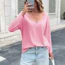 Tankaneo Womens Oversized Long Sleeve Shirts Deep V Neck Fall Tops Casual Loose Fit Tunic Basic Tees (Pink)