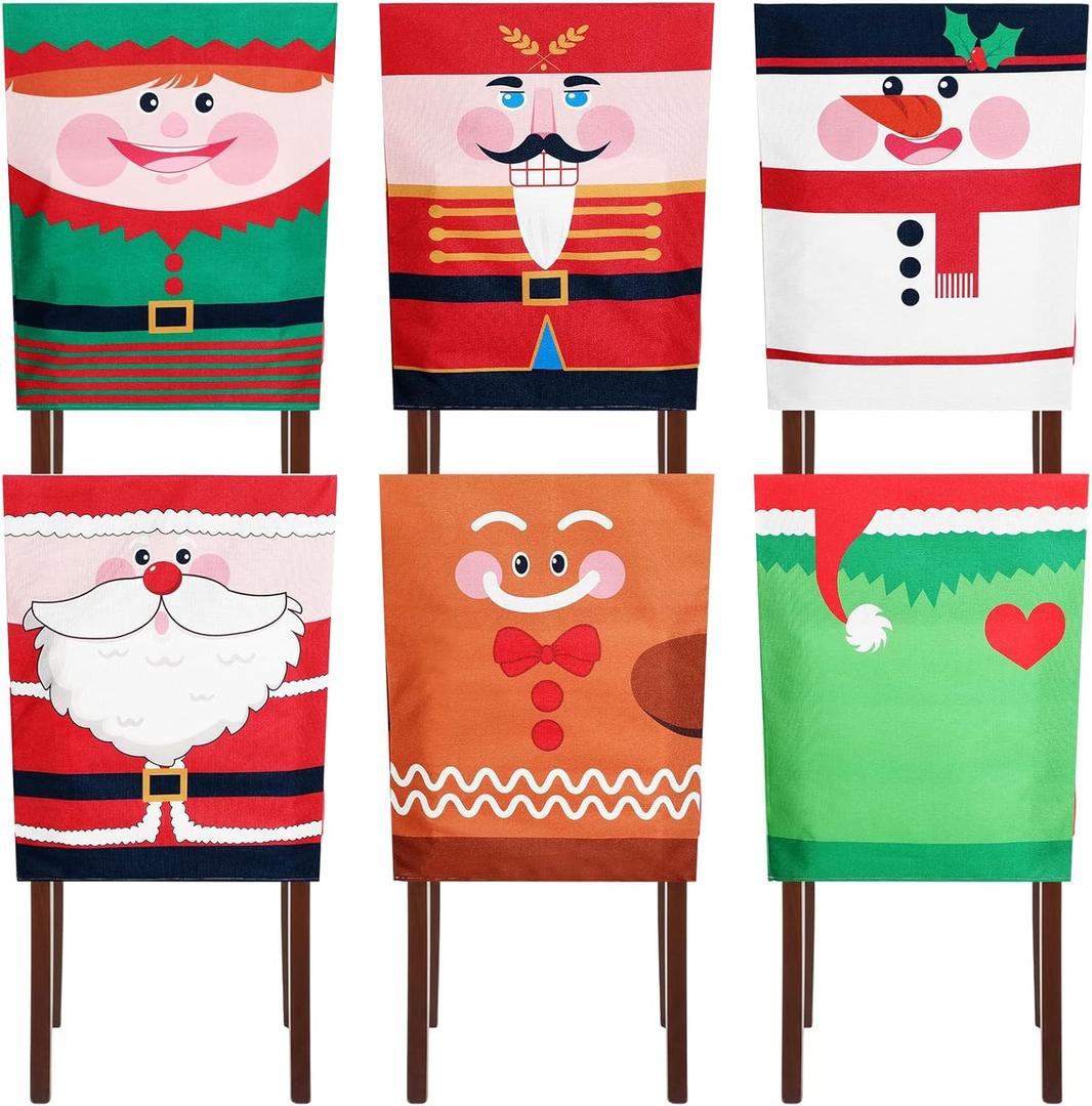 Boao 6 Pcs Christmas Themed Chair Covers Xmas Chair Decorations Christmas Slipcovers for Xmas Party Dining Home Decor
