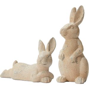 DN DECONATION Easter Decorations Bunny Figurines Set, Vintage Rabbit Statues for Easter Beige Decor & Farmhouse Home Decor, Resin Tabletop Sculptures with Stone Texture for Shelf Mantel Coffee Table