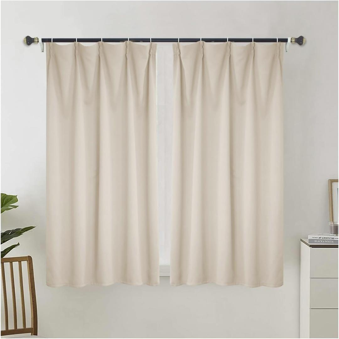 70 Blackout Curtains for Bedroom, Polyester Solid Color Beige Pinch Pleat Window Curtains 2 Panel Set for Living Room 40 x 70 Inches