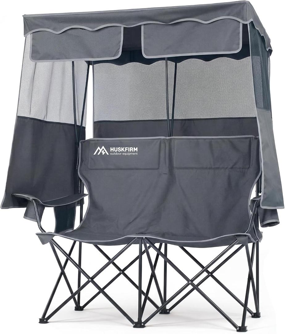 Double Camping Chair with Canopy,2 Person Folding Chair with Canopy, Grey, Standard