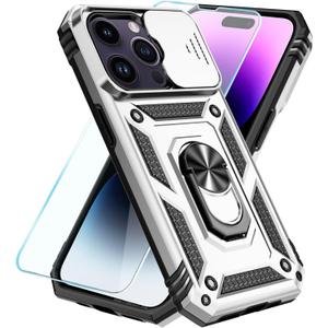 SunStory Compatible with iPhone 14 Pro Max Case with HD Screen Protector & Slide Camera Cover & Rotated Ring Kickstand, [Military-Grade] Phone Case for iPhone 14 Pro Max (Silver)
