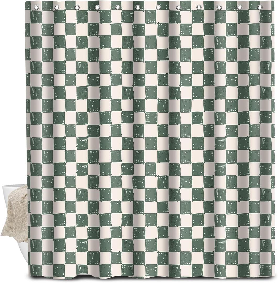 Shower Curtain for Bathroom, Cute Shower Curtain Sets with 12 Hooks, Waterproof Fabric Bath Curtain for Home, 72Wx72H, Green Checkerboard