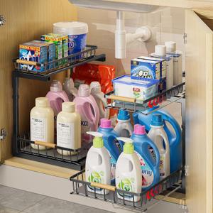 Delamu 2 Pack Under Sink Organizer and Storage, 2 Tier Pull Out Cabinet Organizer, Slide Out Under Sink Storage Shelf, Undersink Organizers Shelves for Kitchen Bathroom Pantry Organization