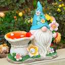 Gnome Statue with Flower Bouquet & Mushroom Bird Feeder Bath - Solar LED Garden Decor, Outdoor Figurine for Yard, Patio, Fairy Lights - Unique Gift