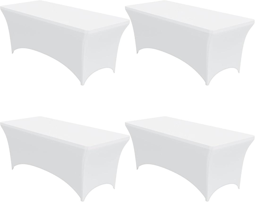 4-Pack White Spandex Tablecloths  72"x30"x30" Stretch Fitted Table Covers for 6ft Rectangle Folding Tables, Wrinkle-Resistant Tablecloth for Wedding, Banquet & Outdoor Events