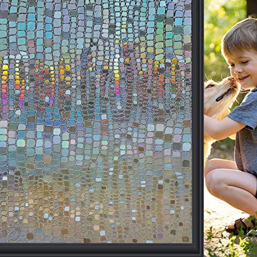 Windimiley Rainbow Window Privacy Film, 3D Stained Glass Christmas Decorative Window Clings, UV Heat Blocking Holographic Prism Stickers for Home (17.5 x 78.7In, Brown)