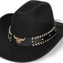 INOGIH Classic Black Western Felt Roll-Up-Brim Cowboy-Hat for Women Men - Bling Cowgirl-Hat Felt Fedora for Disco Parties (Medium)