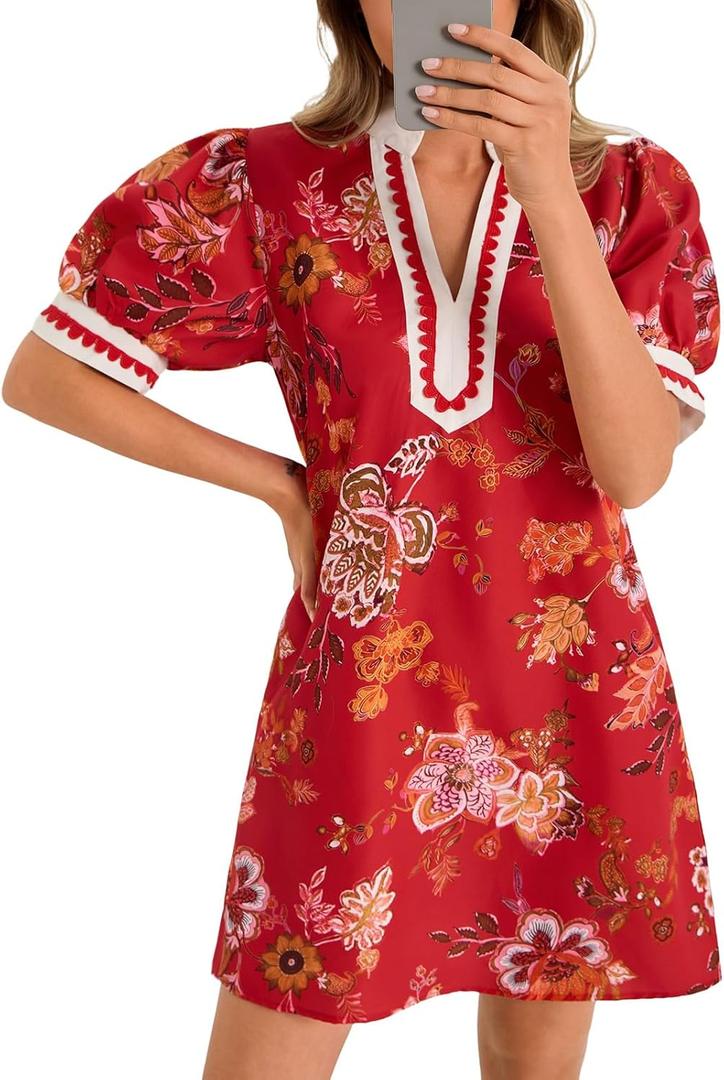 Wenrine Womens Summer Mini Dress Casual Floral Puff Sleeve V Neck Color Block Loose Boho Beach Dresses with Pockets (Medium, Red)