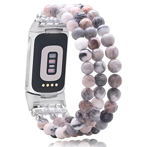 C&L Accessories Compatible with Fitbit Charge 6 & 5 Bands Natural Gemstone Beaded Handmade Adjustable Bracelet Replacement Bands for Women (Pink Zebra Jasper)