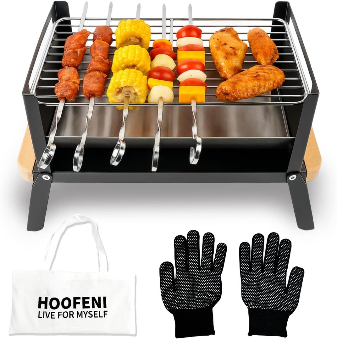 Portable Charcoal Grill with Wood Handle - Folding Tabletop BBQ, Portable Mini BBQ Grill, Compact Stainless Steel Grill for Outdoor Camping, Picnics & Backyard, Easy Setup & Clean