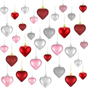 Skylety 30 Pieces Heart Ornaments, 3 Styles 2 Size Heart Shaped Tree Hanging Decorations Baubles for Xmas Wedding Anniversary (Multi-Color)
