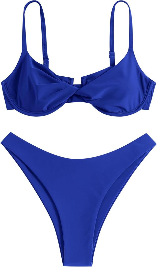 ZAFUL Women's Twist Front Bikini Sets Underwire Tie Back Bikini High Waisted Two Piece Swimsuit (1-royal Blue) S 